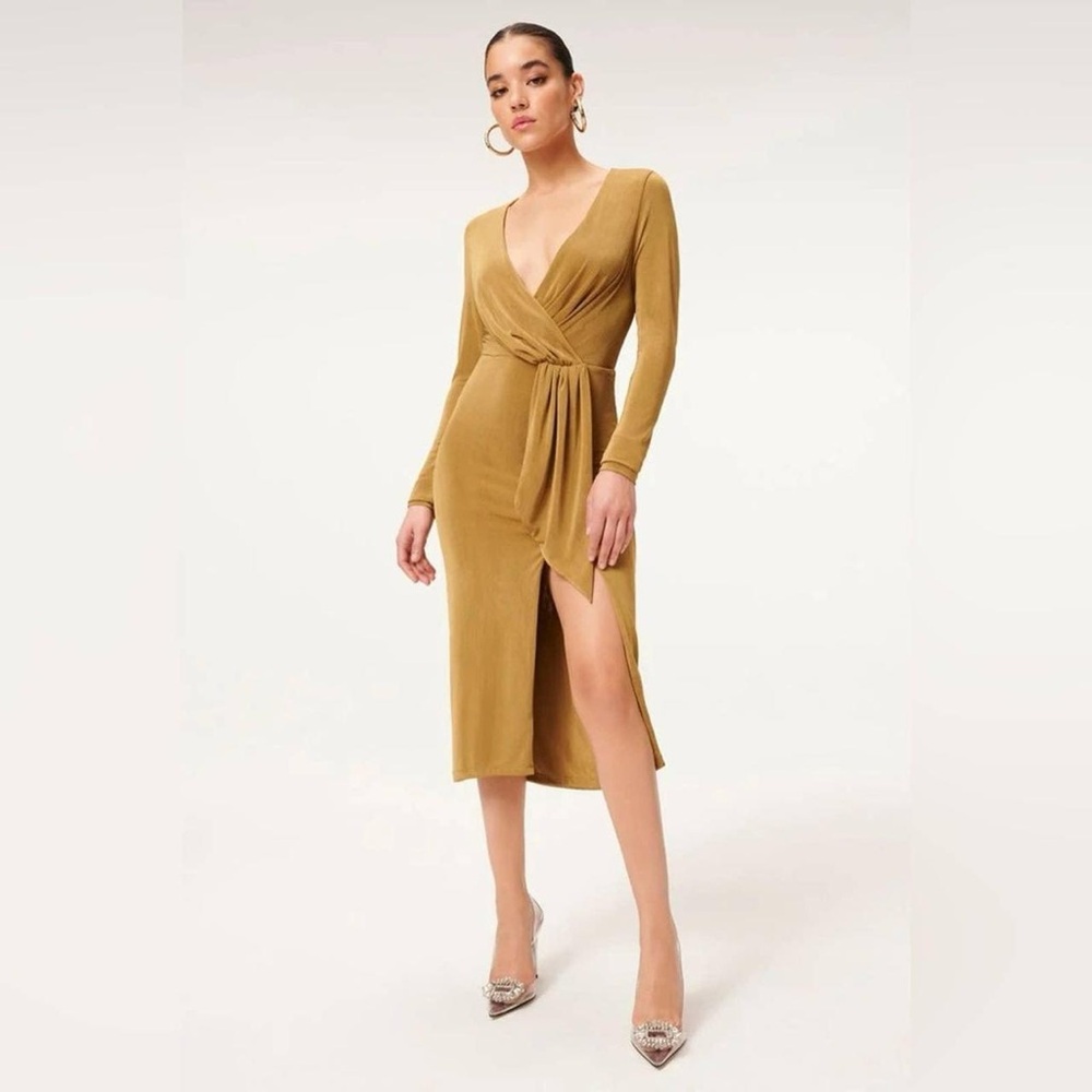 NWT Good American Gold Long Sleeve Midi Dress in Gold, Size Medium (2)